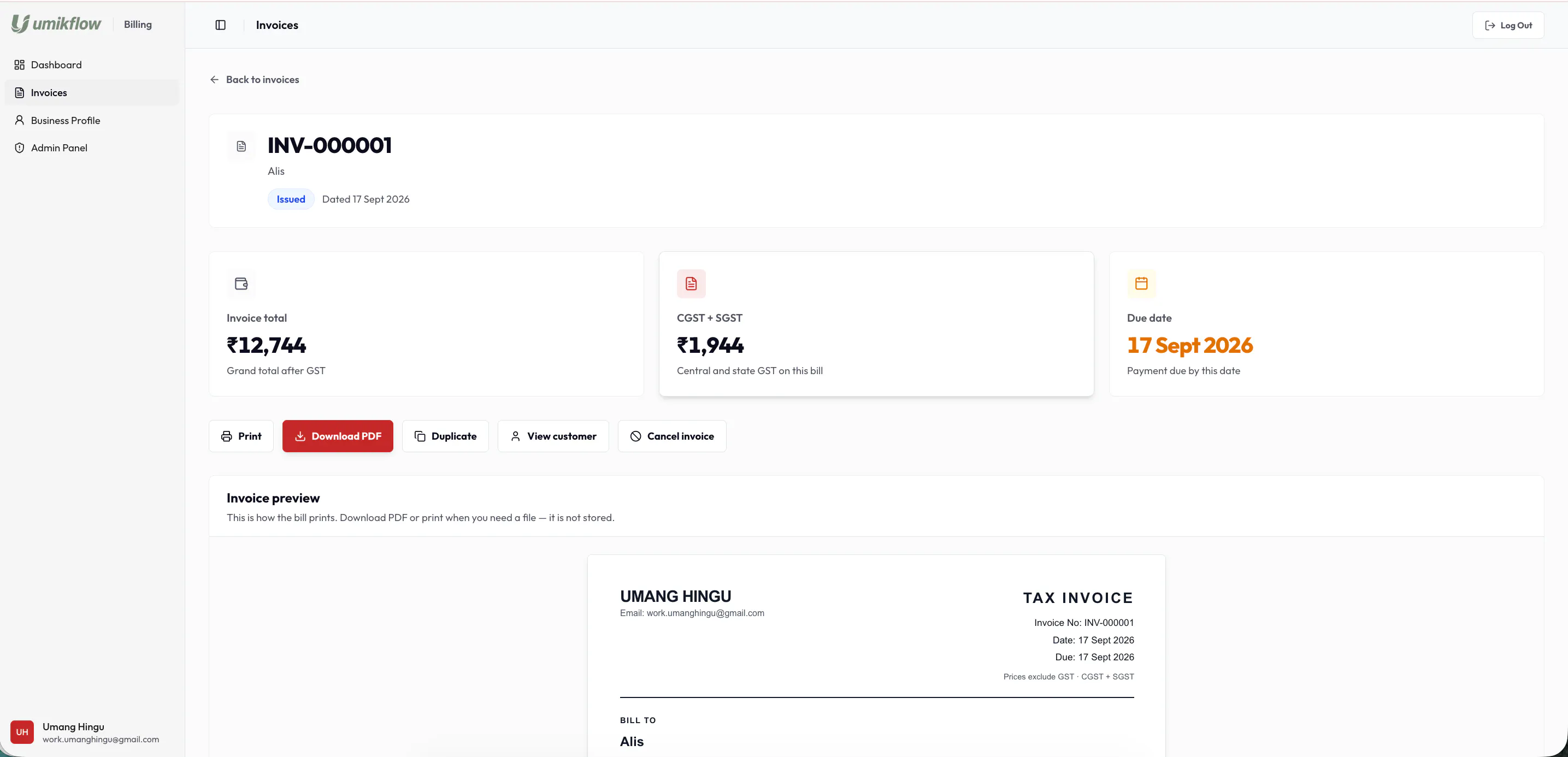 Umikflow Billing gallery image