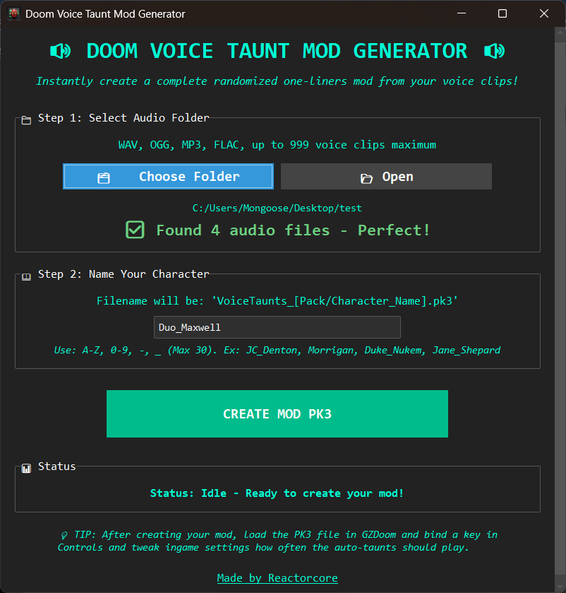 Doom Voice Taunt Mod Generator - Main product screenshot demonstrating key features and user interface
