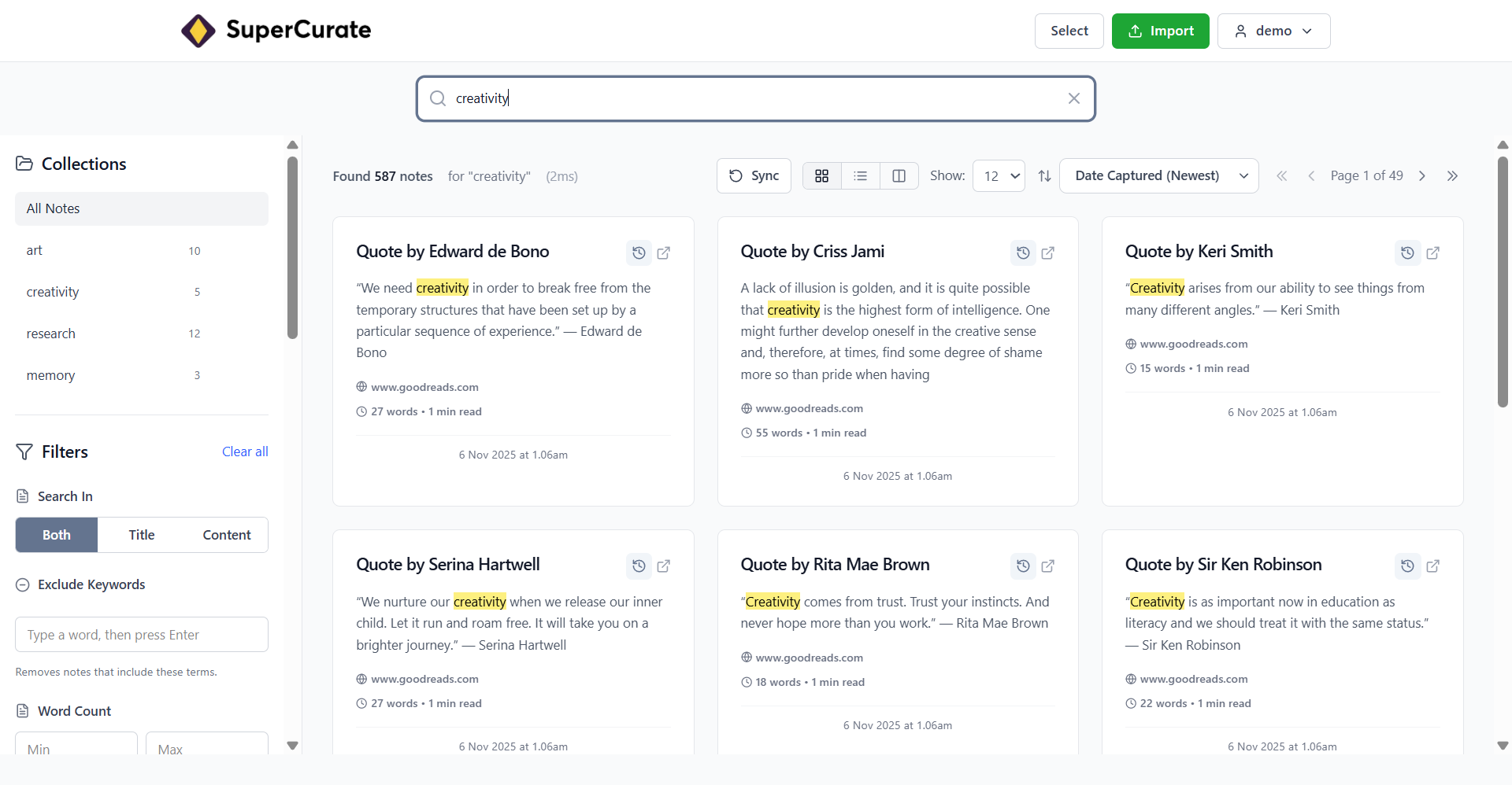 SuperCurate - Main screenshot showing features and interface