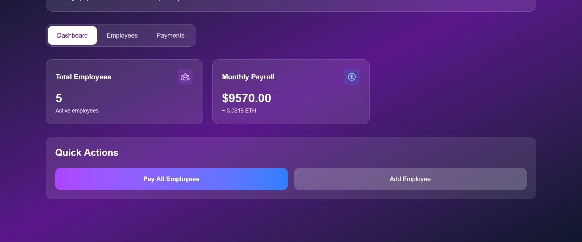 ETHPayroll - Main product screenshot demonstrating key features and user interface