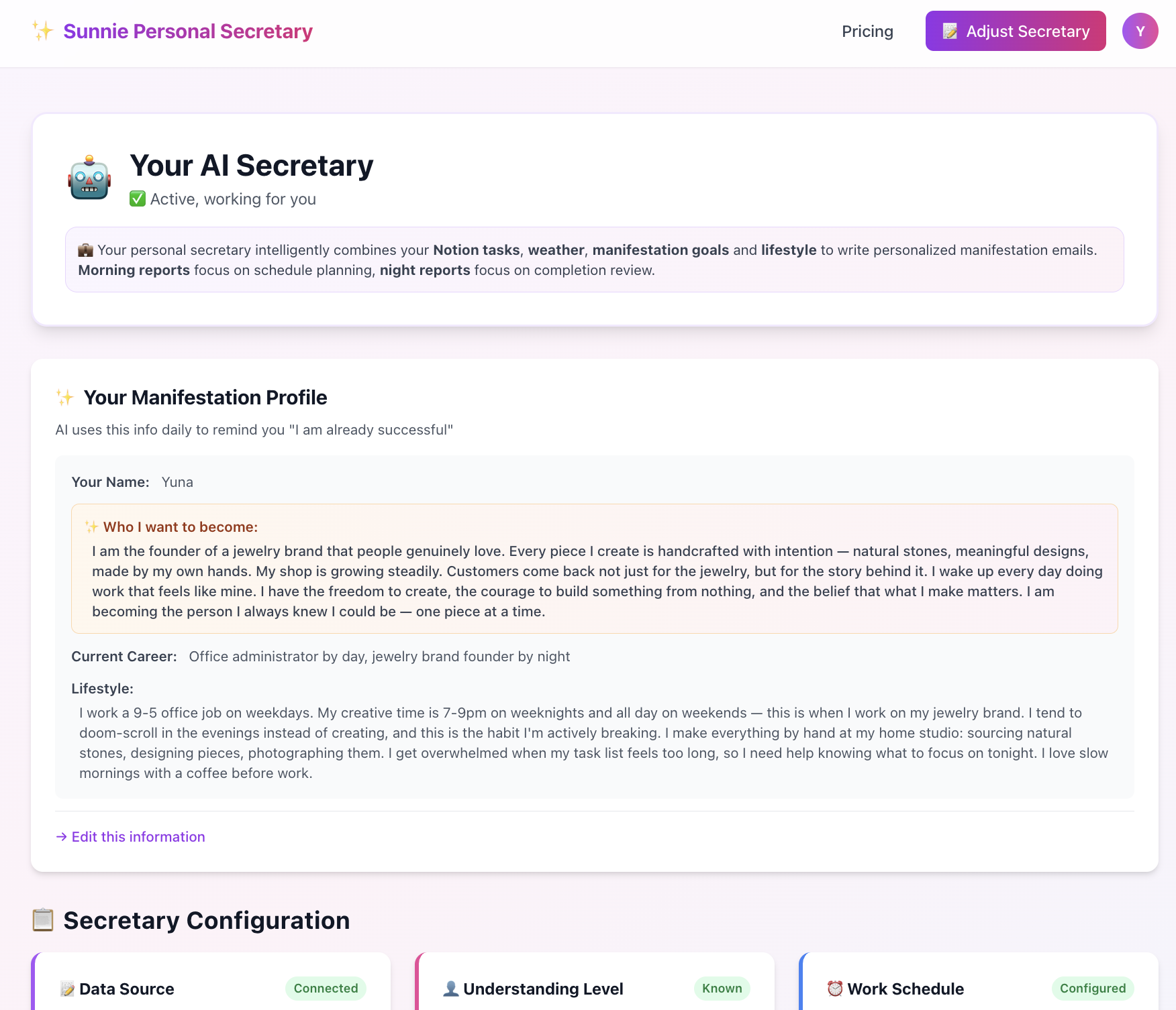 Sunnie Personal Secretary - Main product screenshot demonstrating key features and user interface