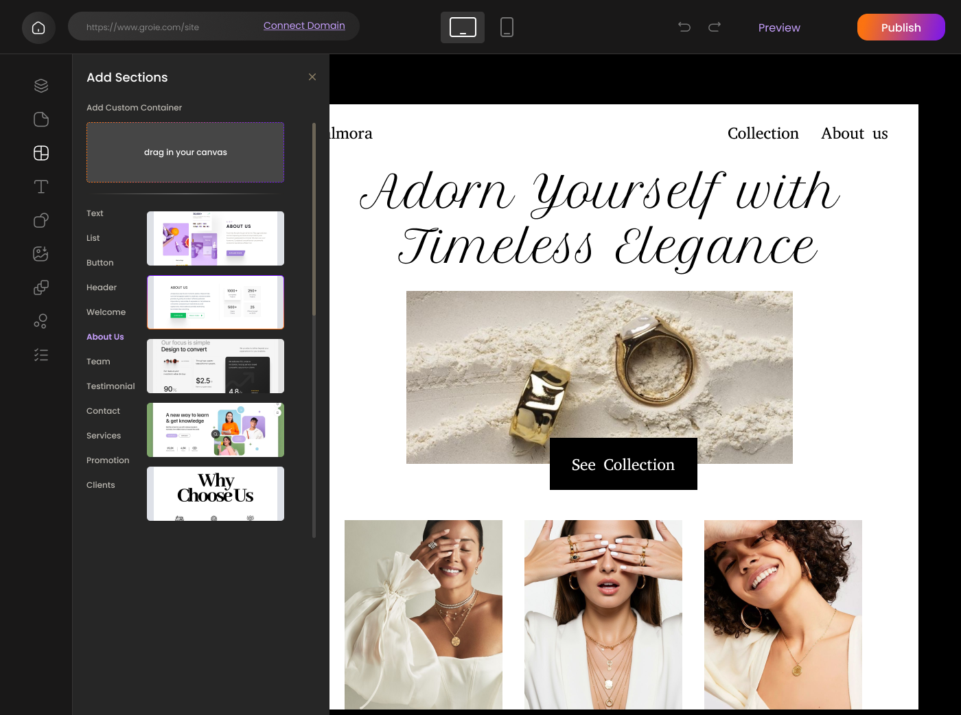 Groie - No-code website builder - Screenshot 4 showing product features and functionality