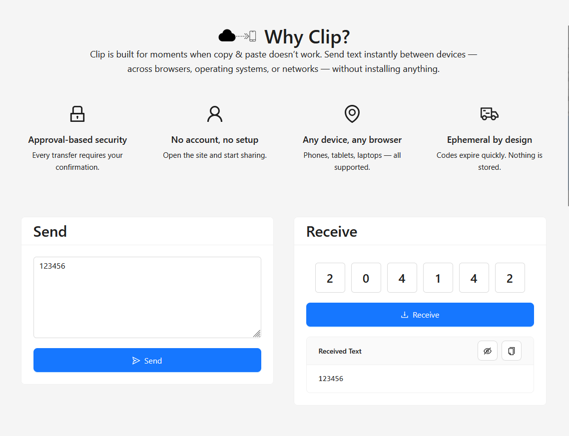 Clip — Send text between devices - Main product screenshot demonstrating key features and user interface