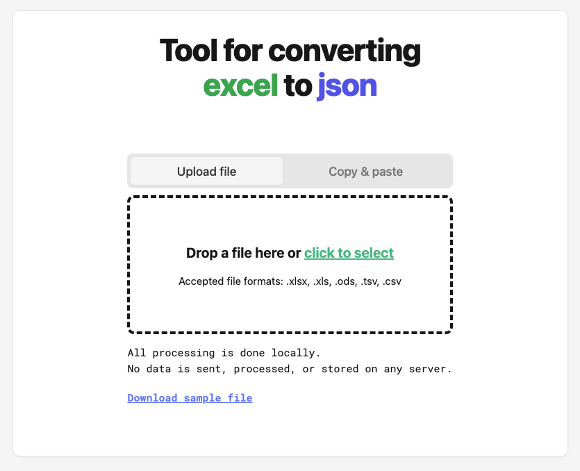 Tool for converting excel to json 