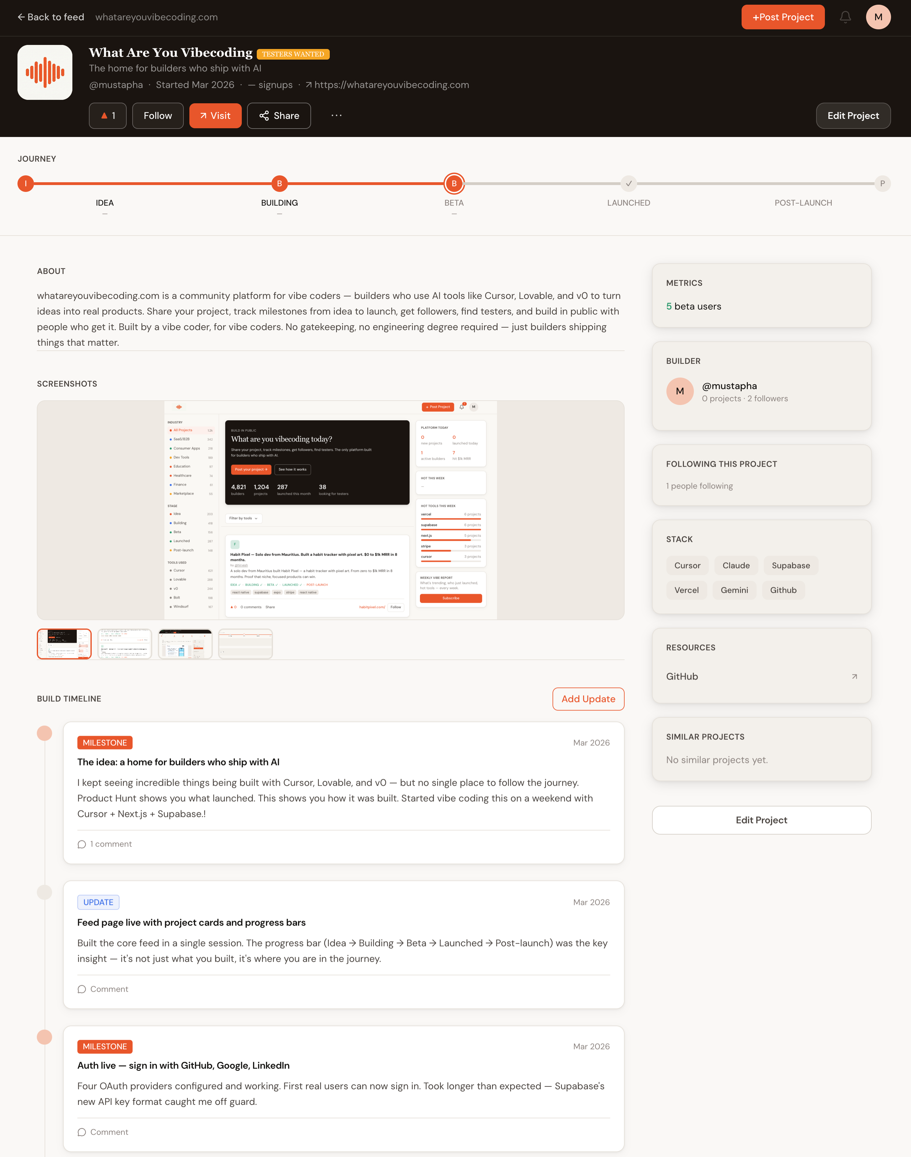 What are you vibecoding  - Screenshot 2 showing product features and functionality
