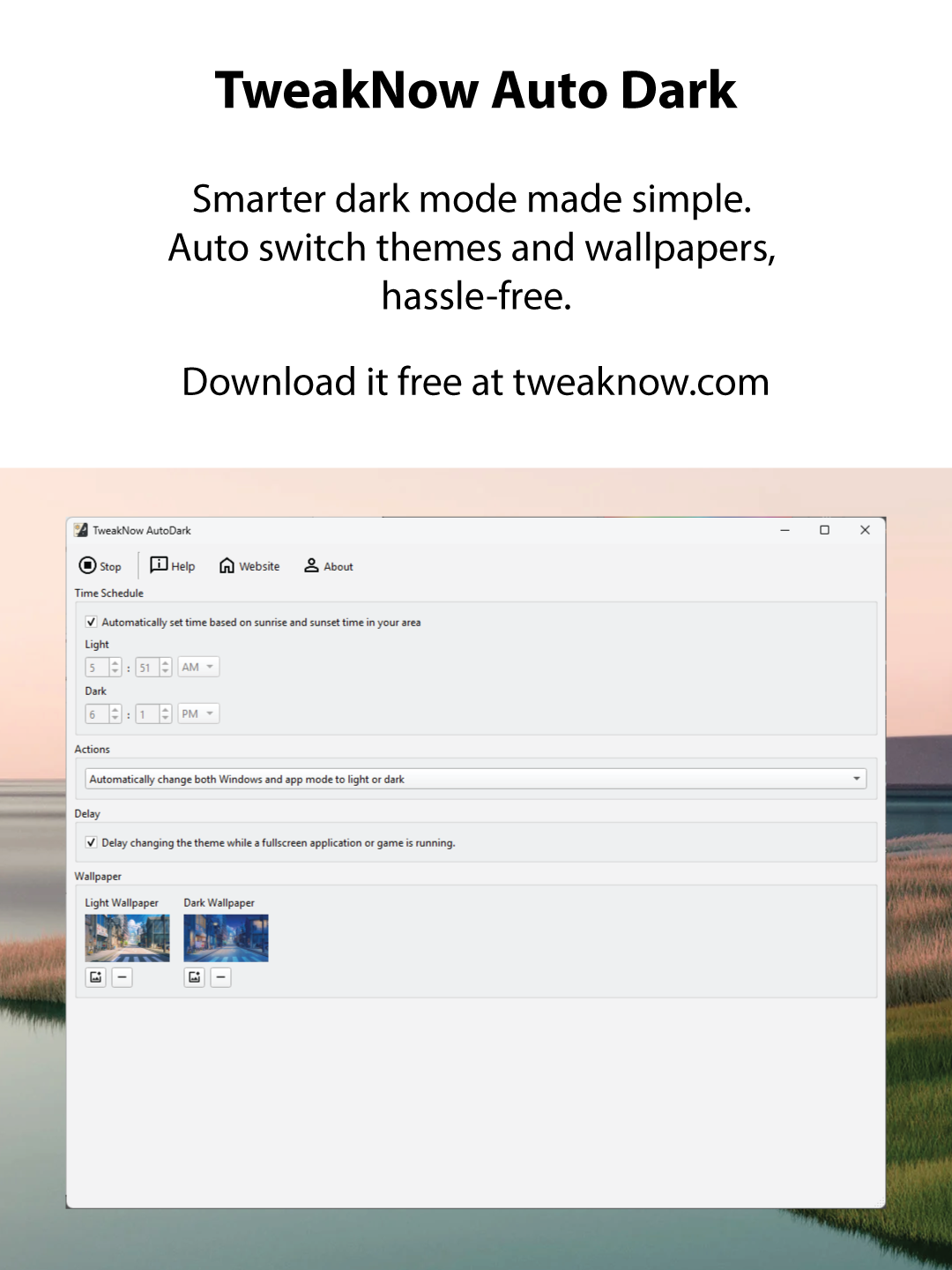 ดาวน์โหลด tweaknow autodark - ฟรีโหมดมืดอัตโนมัติและเครื่องเปลี่ยนวอลล์เปเปอร์สำหรับ Windows media 1