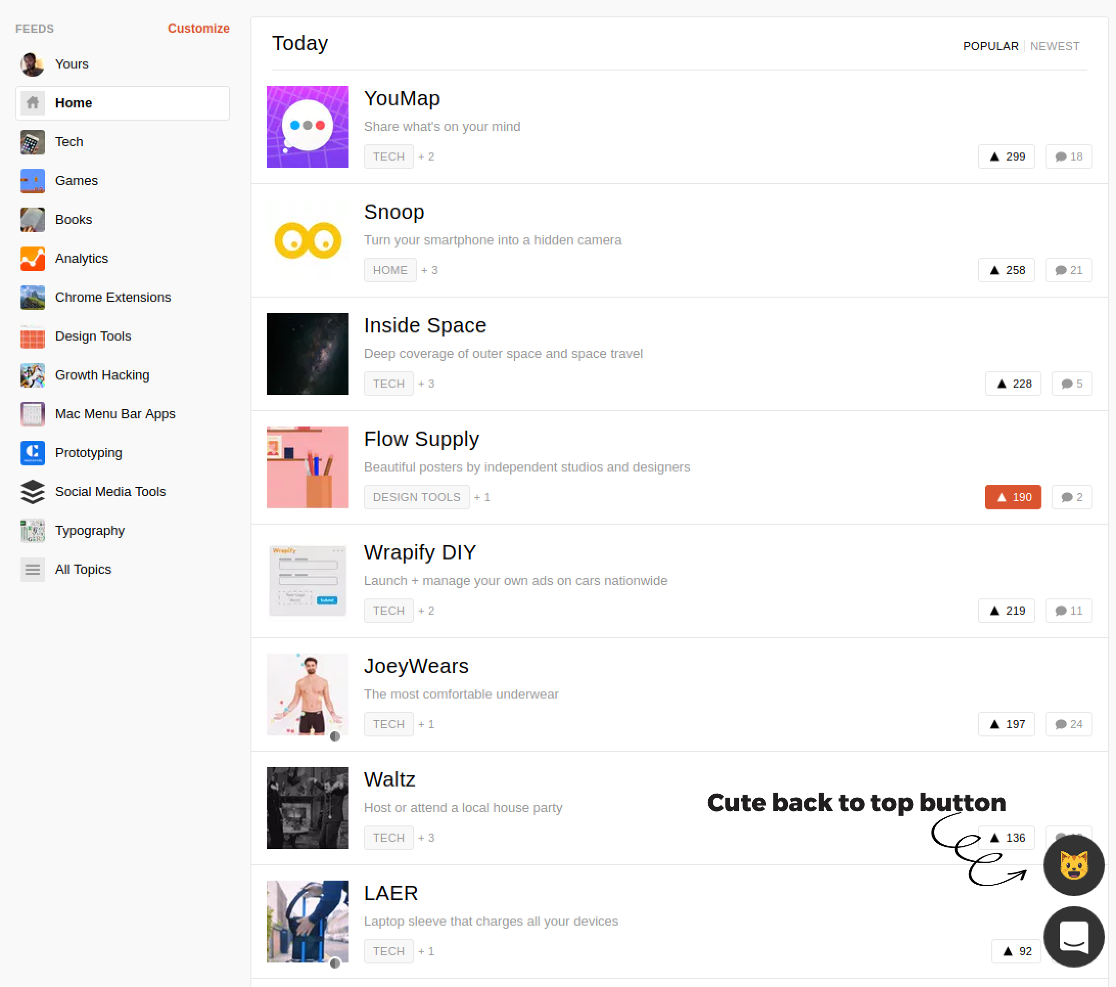 Back to Top button for Product Hunt gallery image