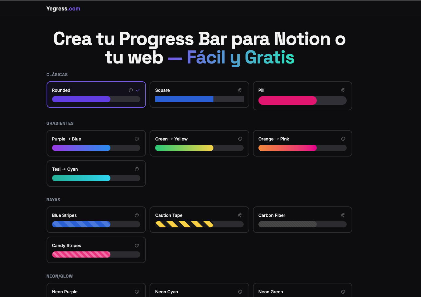 Yegress: Simple progress bars for Notion - Main product screenshot demonstrating key features and user interface