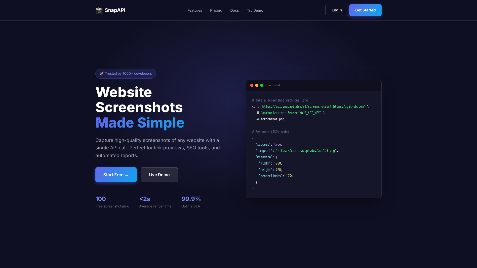SnapAPI - Main product screenshot demonstrating key features and user interface