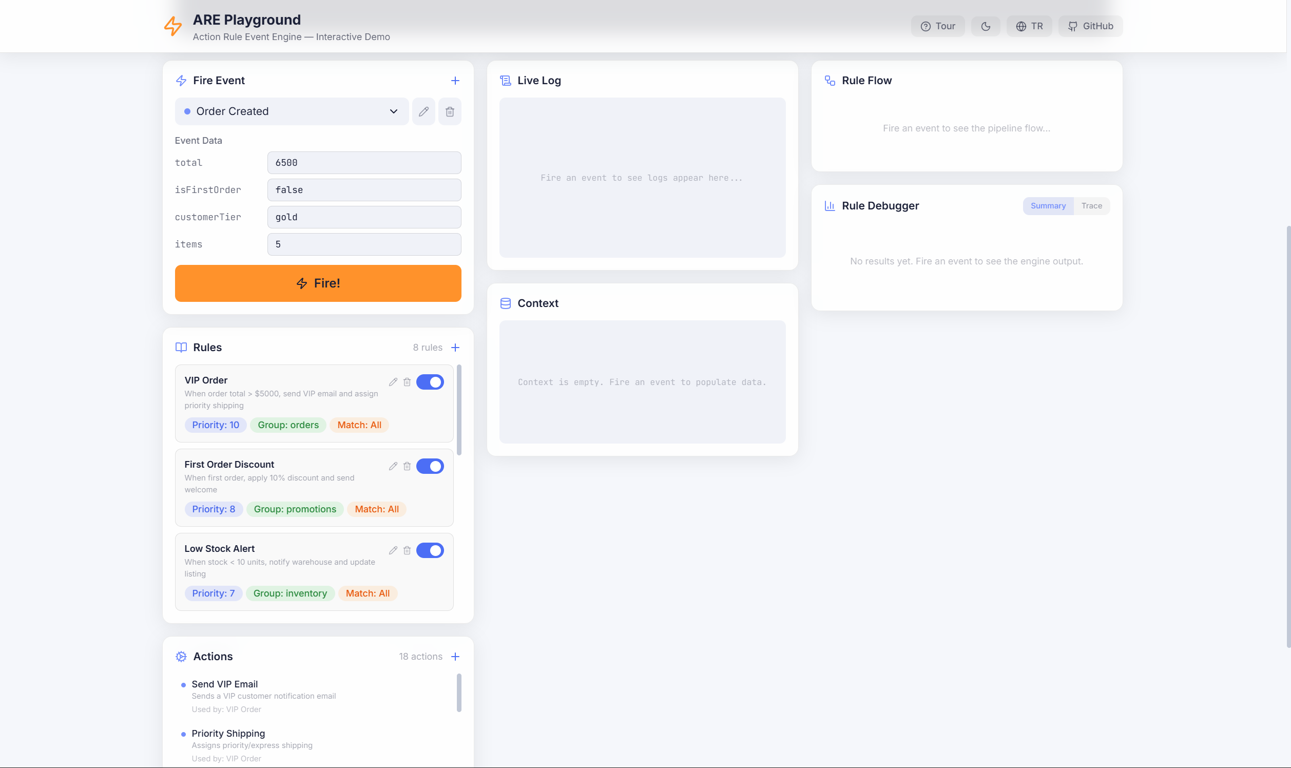 ARE Playground—Action Rule Event Engine - Screenshot 3 showing product features and functionality