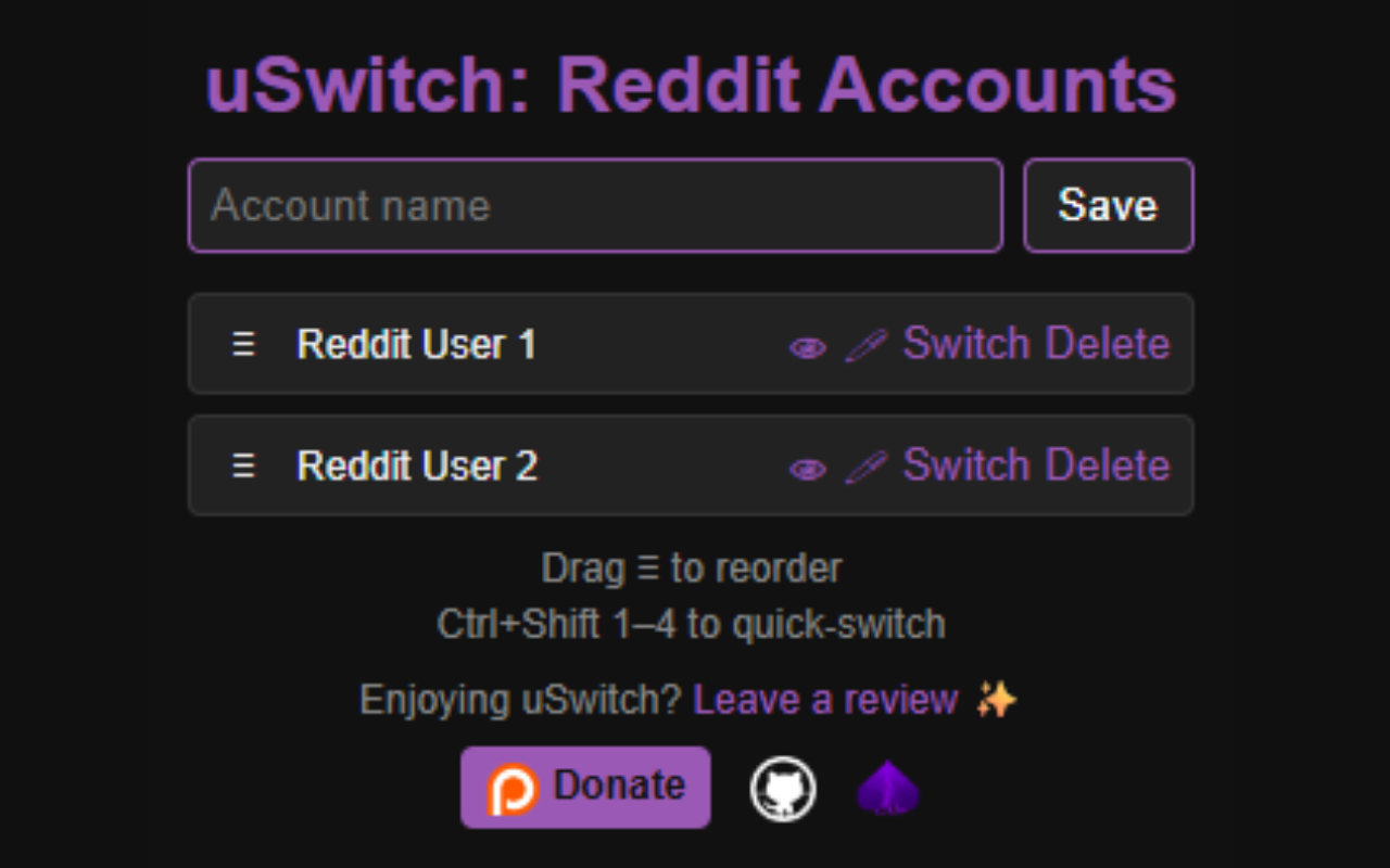 uSwitch: Reddit Accounts - Main screenshot showing features and interface