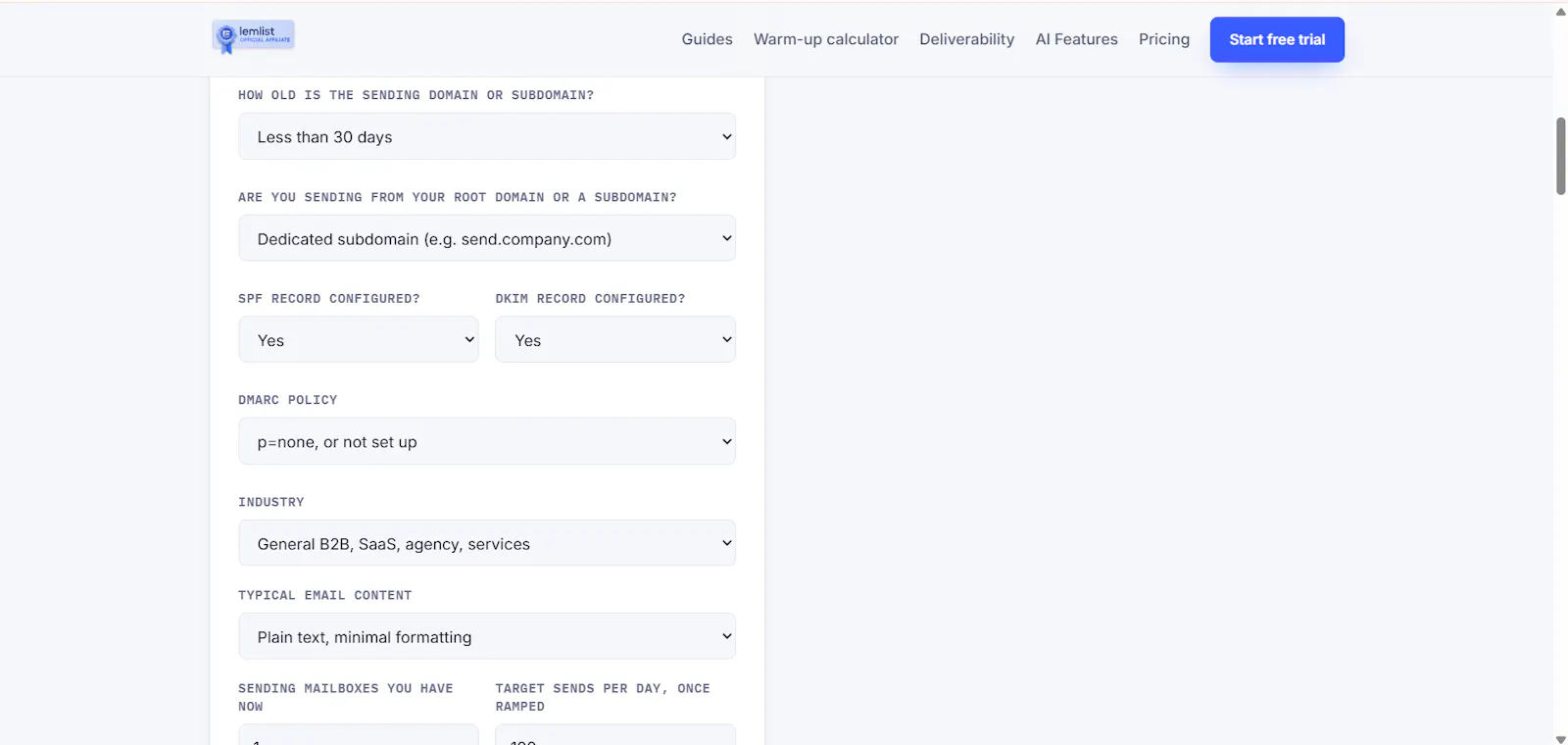 Email warmup calculator screenshot 2