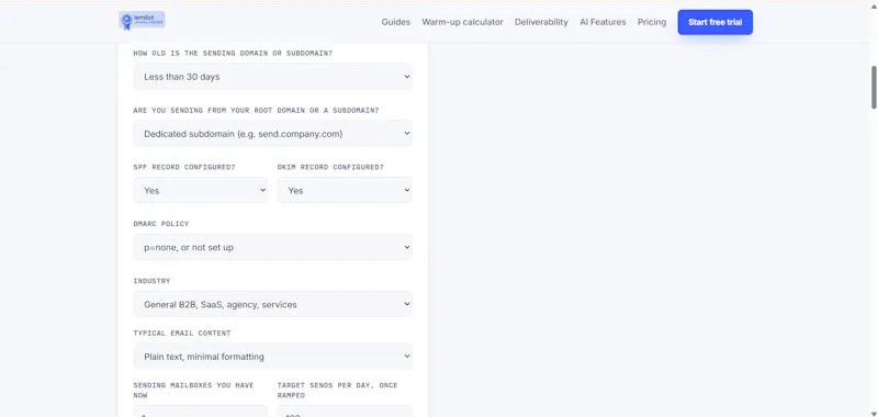 Email warmup calculator screenshot 2