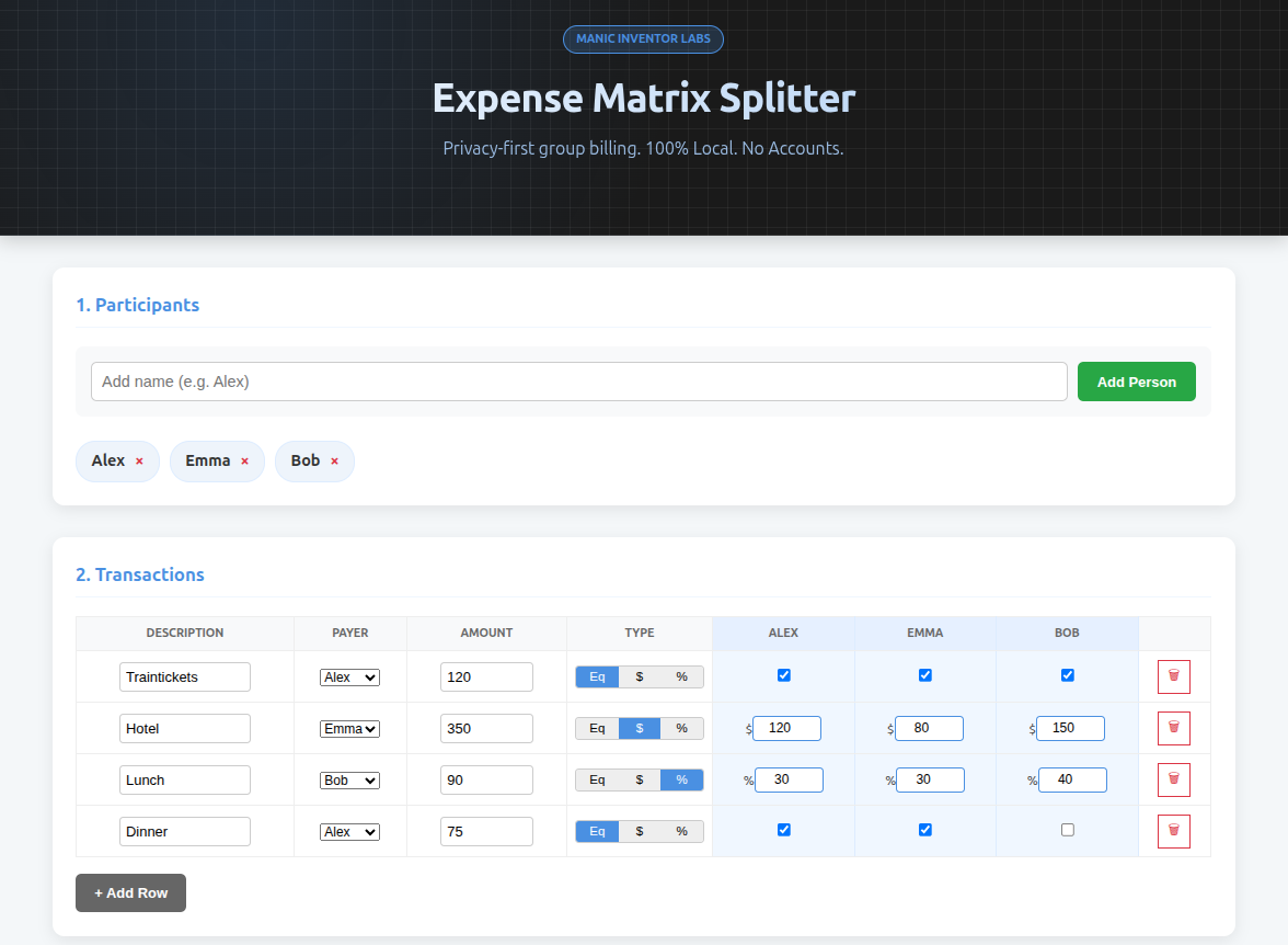 Expense Splitter Matrix - Main product screenshot demonstrating key features and user interface