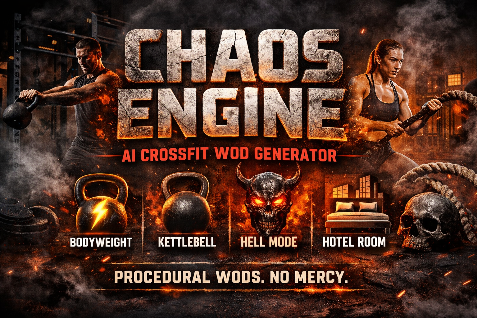 CHAOS ENGINE – No-Mercy AI Workouts - Main product screenshot demonstrating key features and user interface