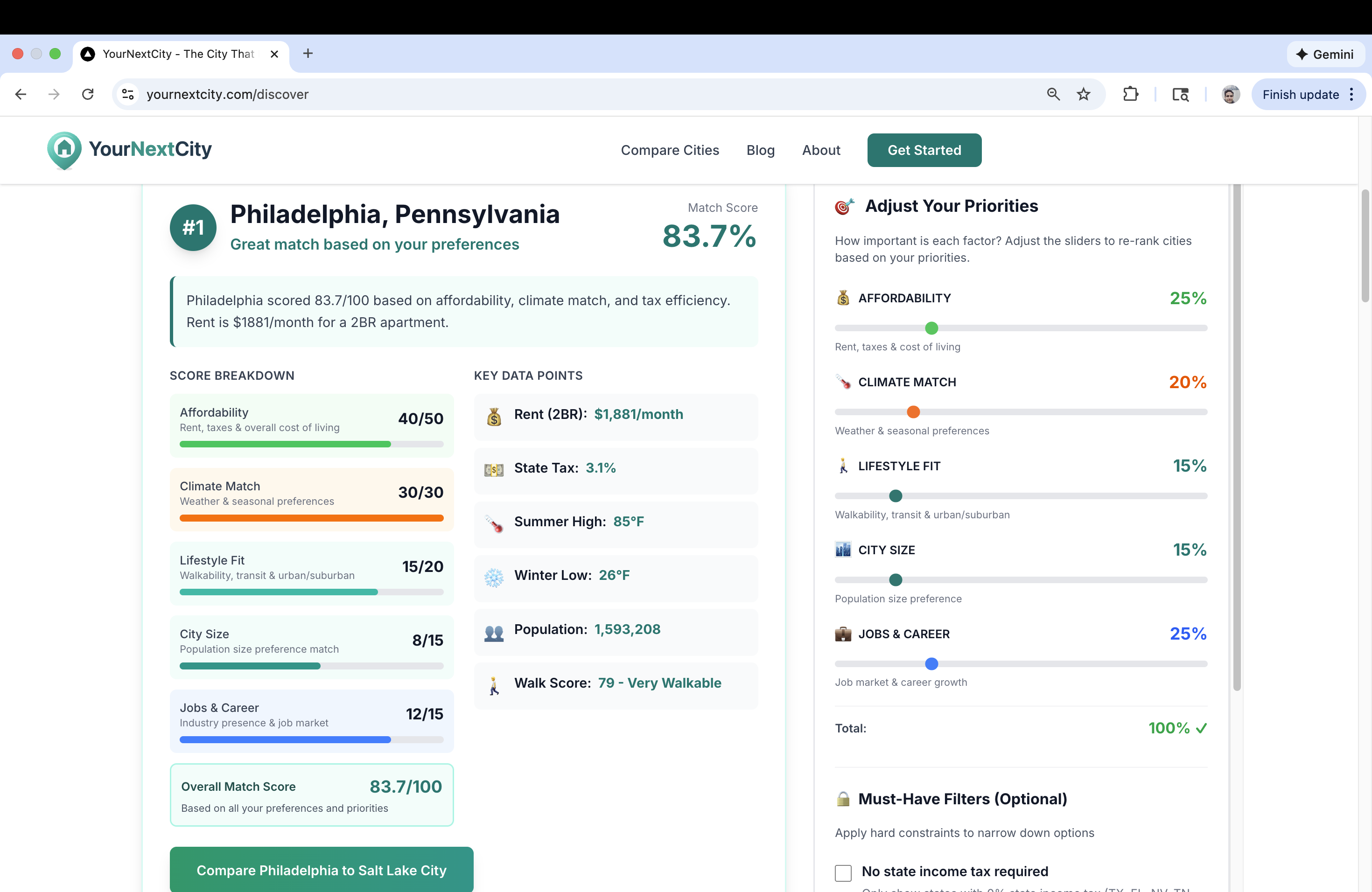 YourNextCity - Main product screenshot demonstrating key features and user interface