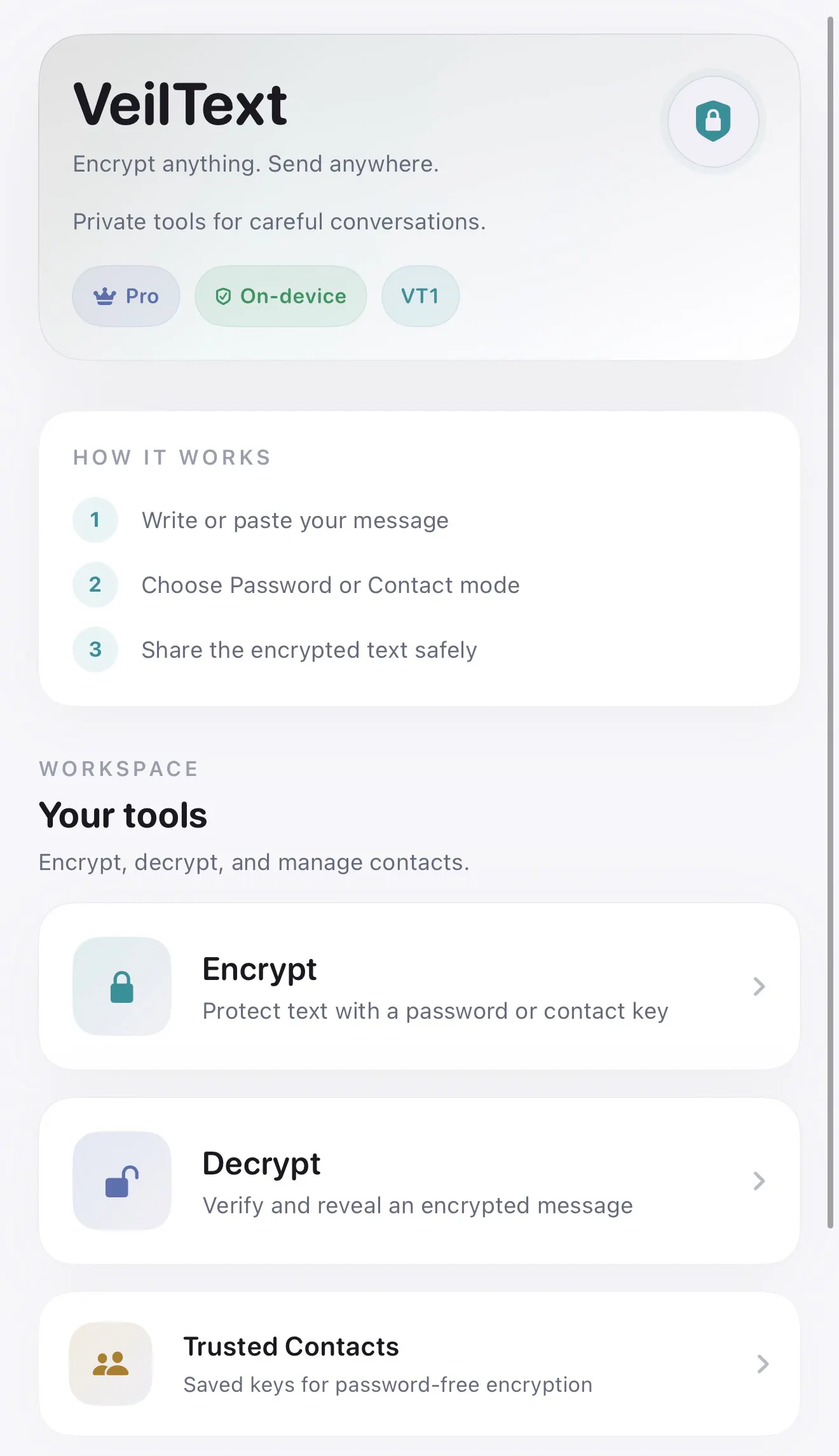 Banner del producto Veiltext Encrypt anything Send anywhere.