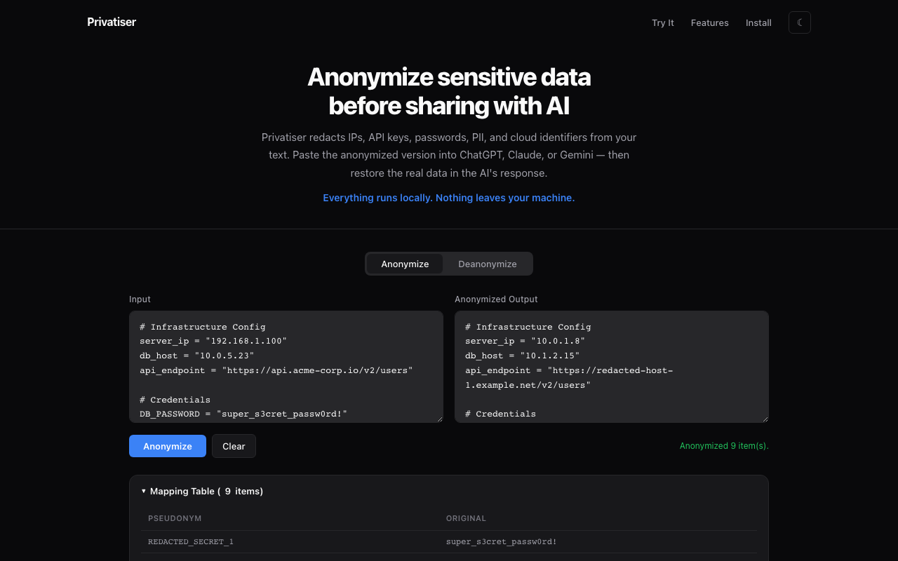 Privatiser - Main product screenshot demonstrating key features and user interface