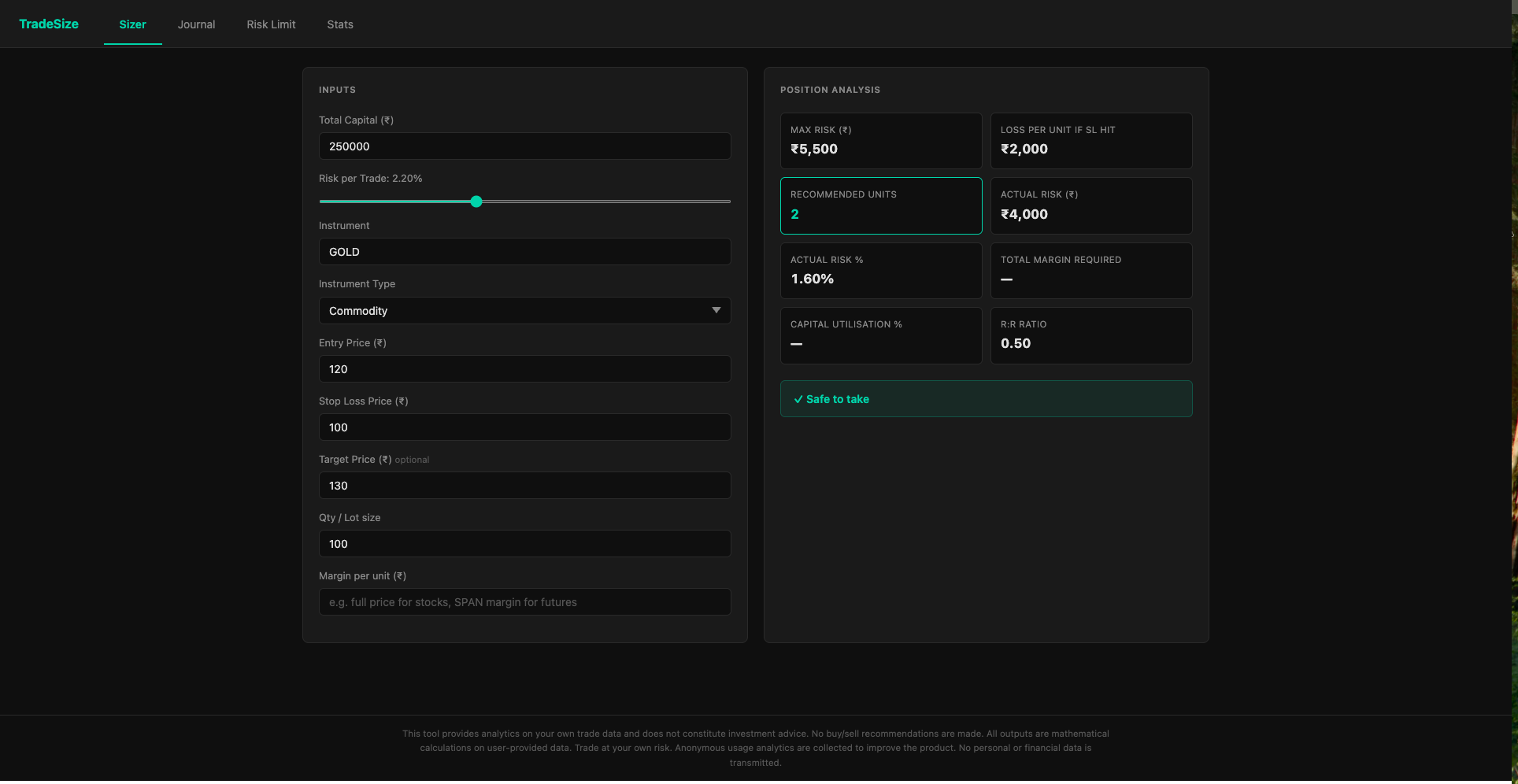 Risk & position sizing for traders - Main product screenshot demonstrating key features and user interface