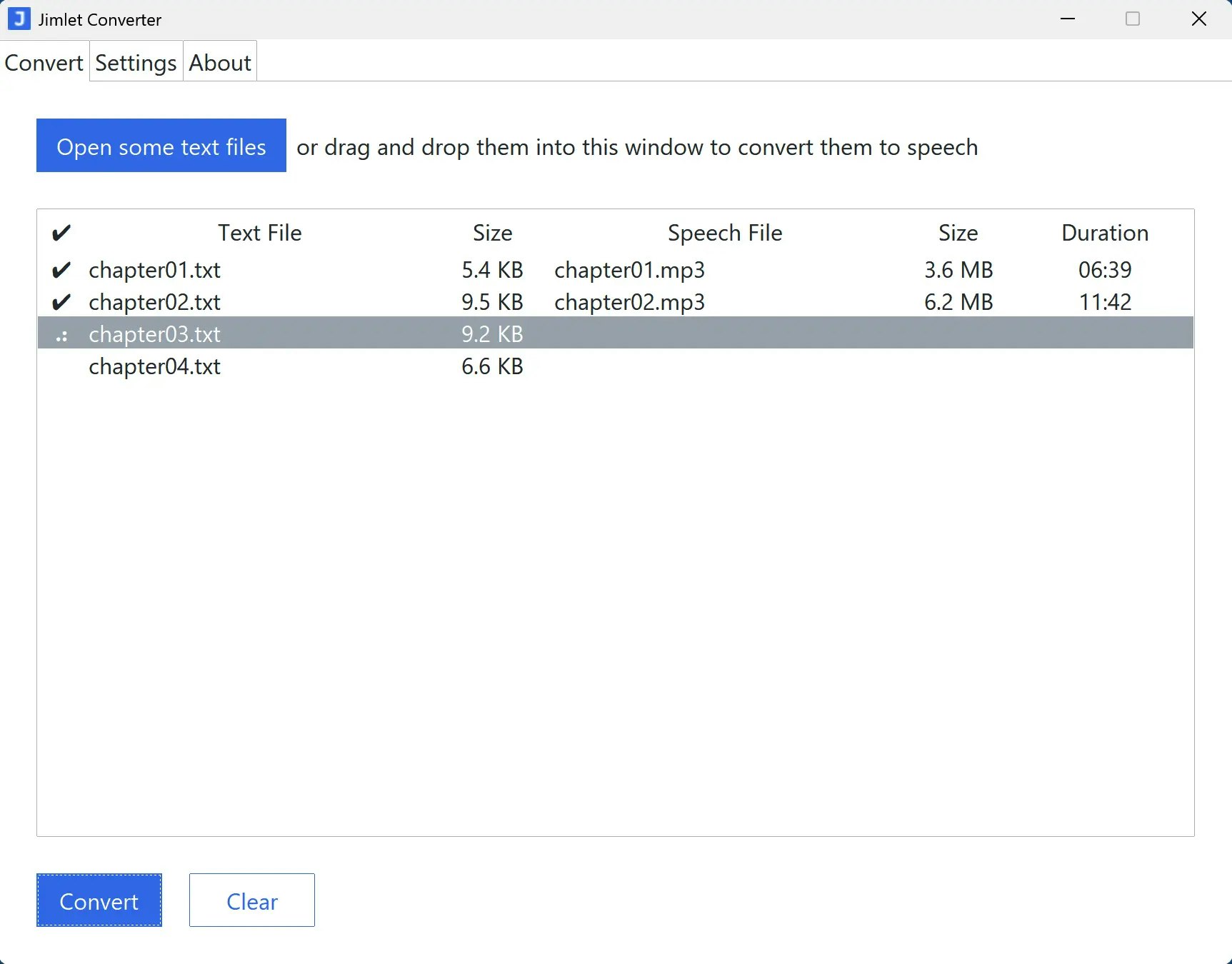 Jimlet TTS Converter - Main product screenshot demonstrating key features and user interface