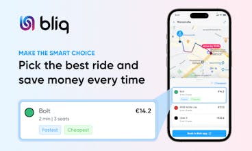 さまざまなライドシェア アプリの運賃と到着予定時刻をシンプルかつユーザーフレンドリーに比較できる、旅行取引比較アプリのインターフェイス。