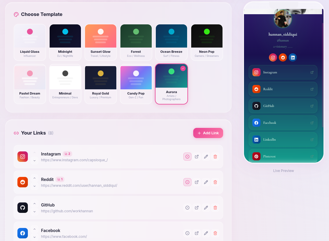 qloque —  link in Bio Application - Screenshot 3 showing product features and functionality