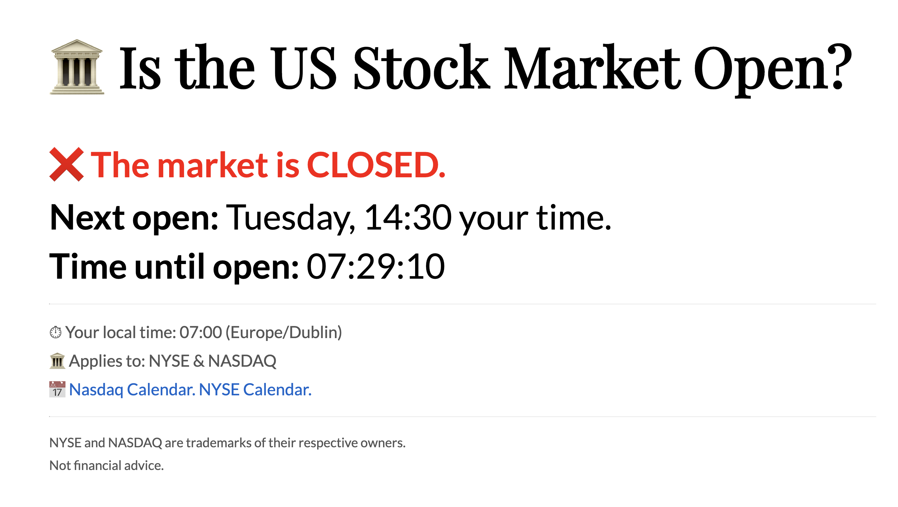Is the US Stock Market Open? - Real-time NYSE & NASDAQ status and local-time countdown media 1