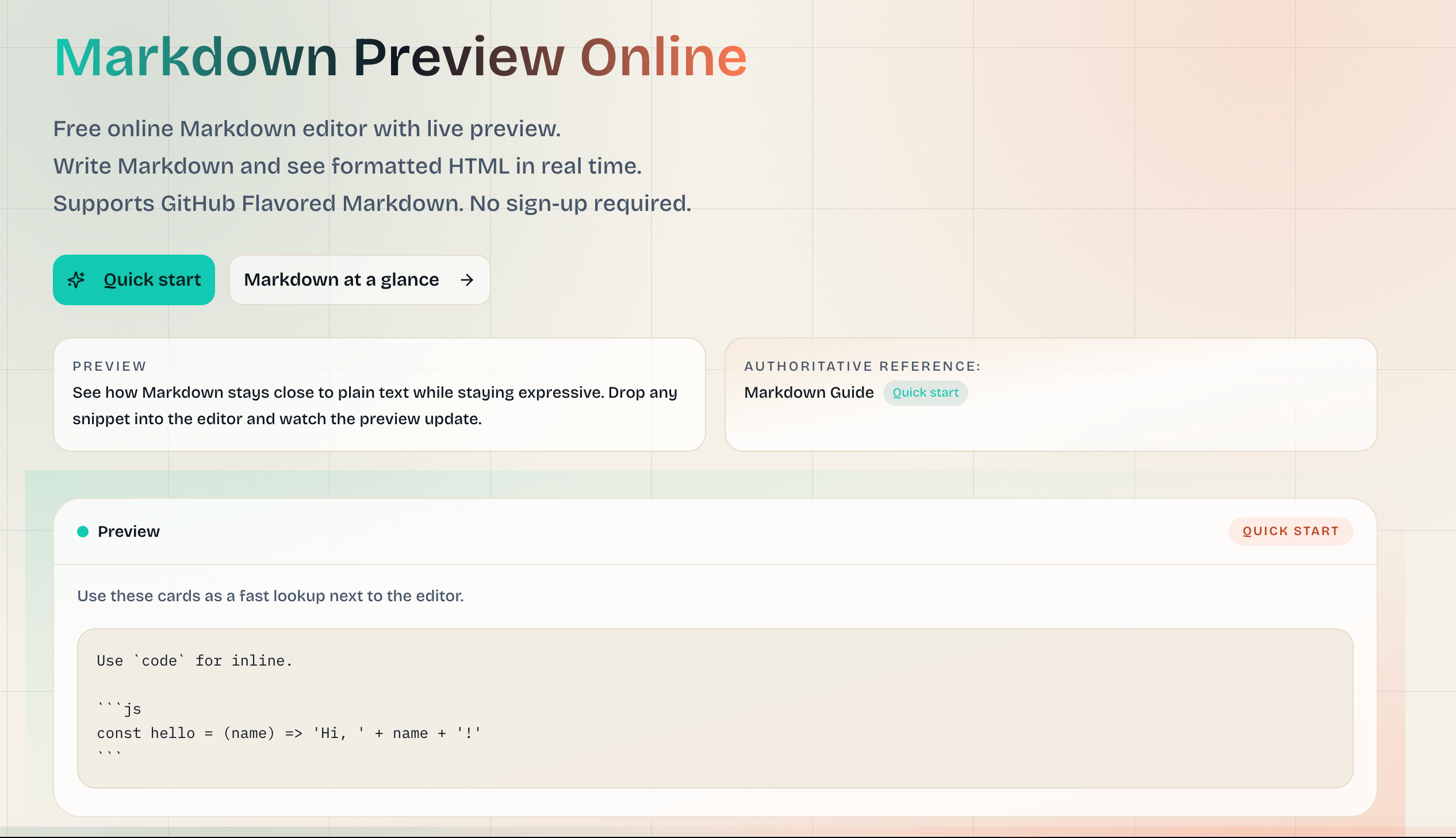 MarkdownPreview.org - Main product screenshot demonstrating key features and user interface