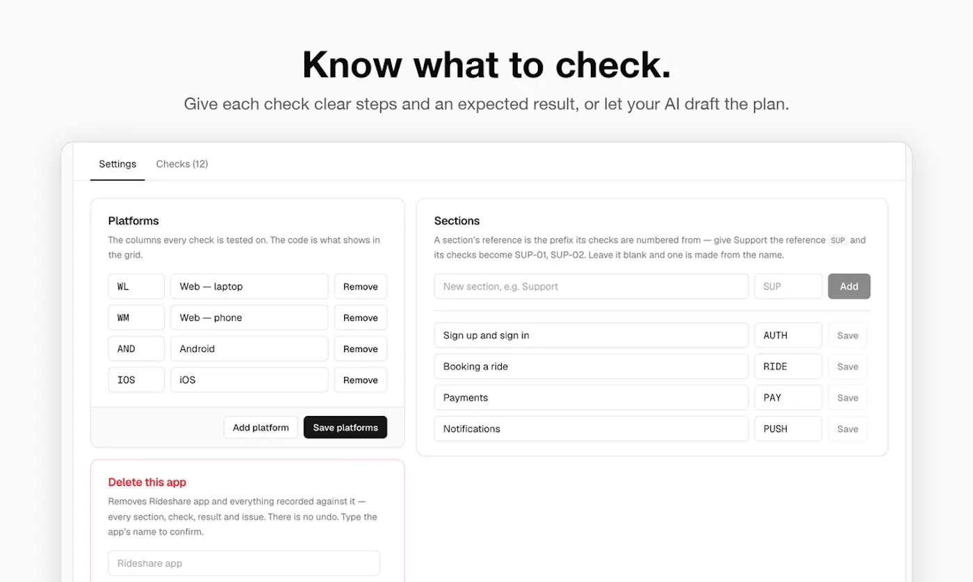 qarunbook 'Know what to check.': a test plan with platforms and sections, each check with steps and an expected result