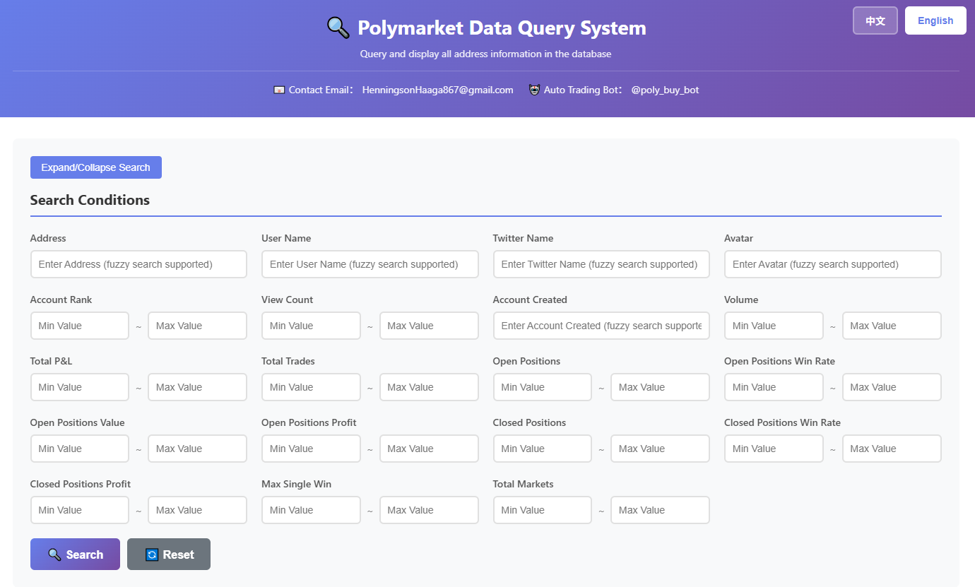 Polymarket Data Query System - Main screenshot showing features and interface