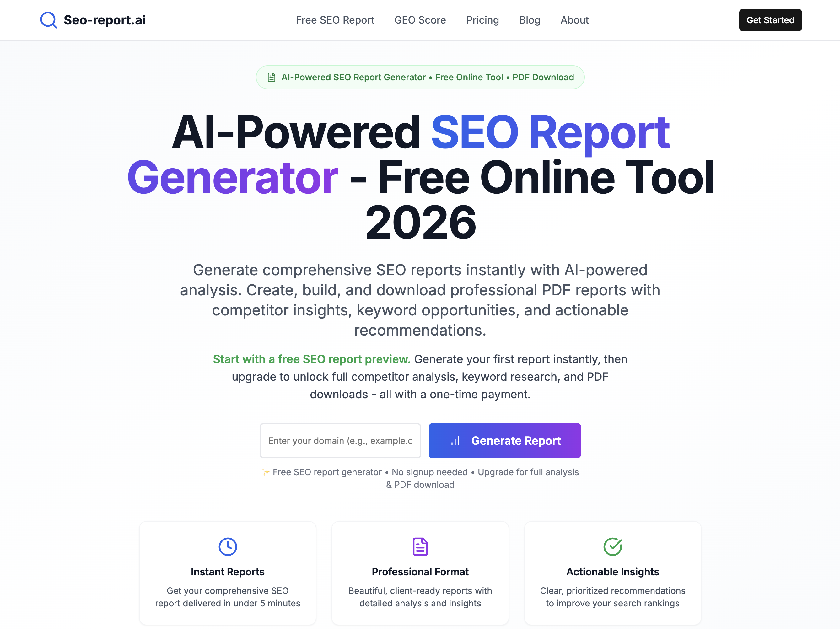 SEO Report AI - Main product screenshot demonstrating key features and user interface