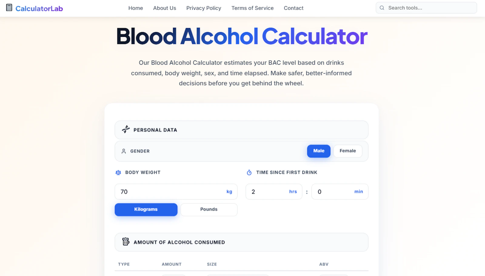 Blood Alcohol Calculator (BAC Tool) screenshot 2