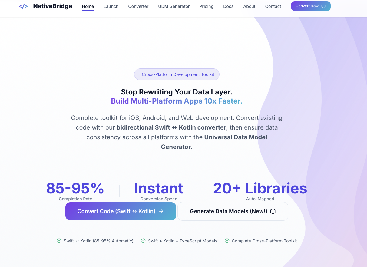 NativeBridge: iOS ↔ Android UDM  - Screenshot 2 showing product features and functionality