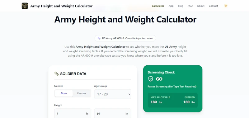 Army Height and Weight Calculator screenshot 1