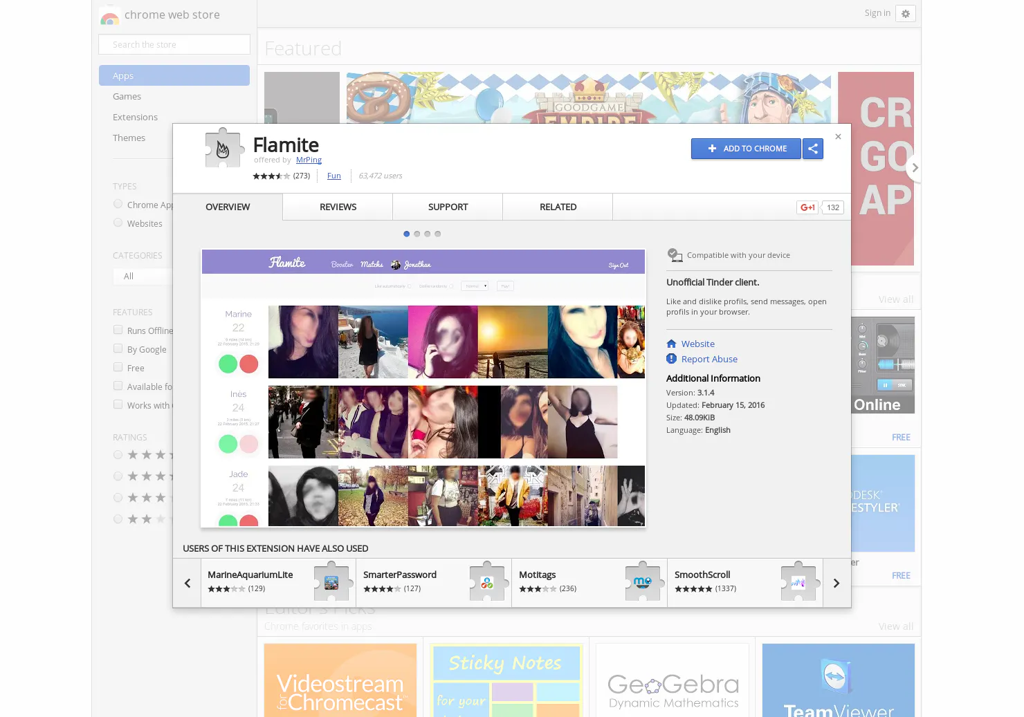 Flamite, Google Chrome Tinder client