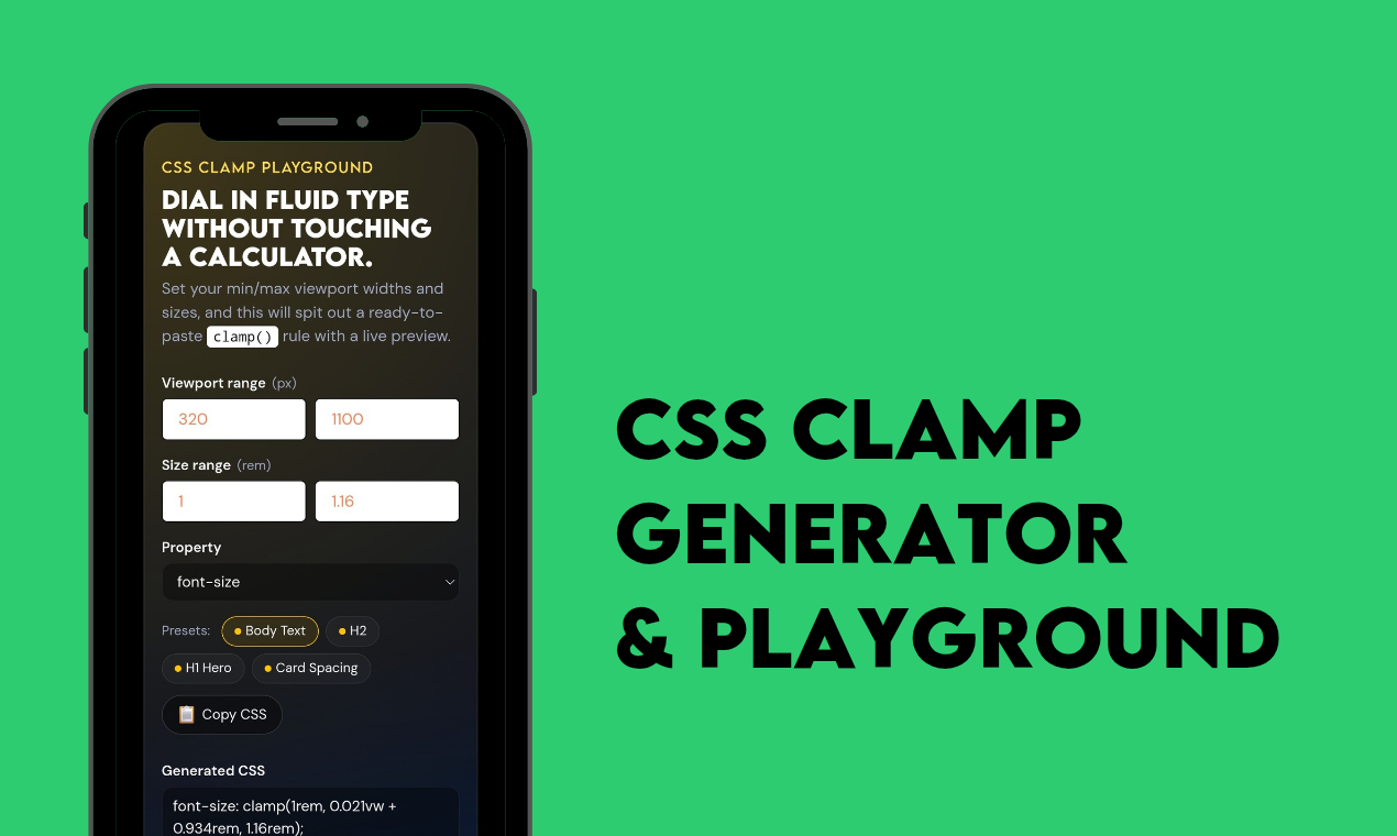 CSS Clamp Generator & Playground - Main product screenshot demonstrating key features and user interface