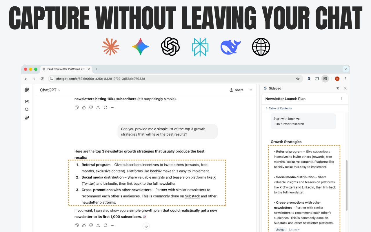 Sidepad - Capture and organize AI chats gallery image