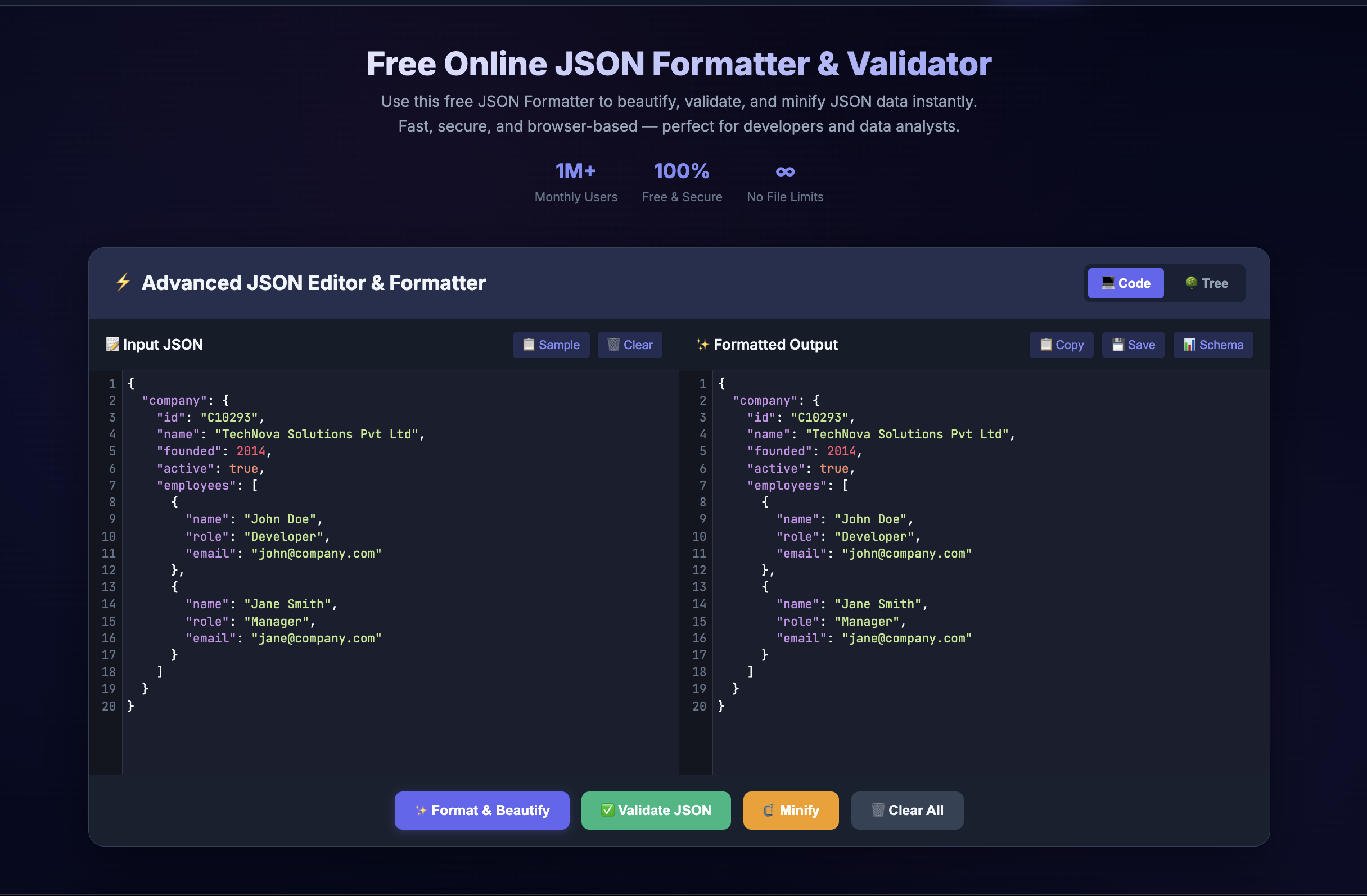 JSON Formatter Tool - Main product screenshot demonstrating key features and user interface