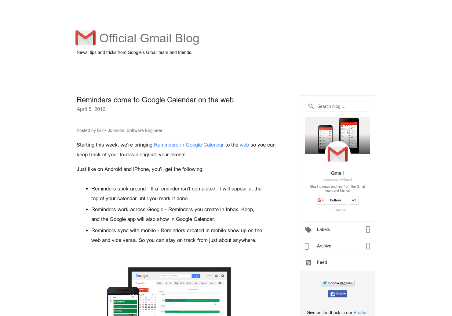Reminders come to Google Calendar on the web