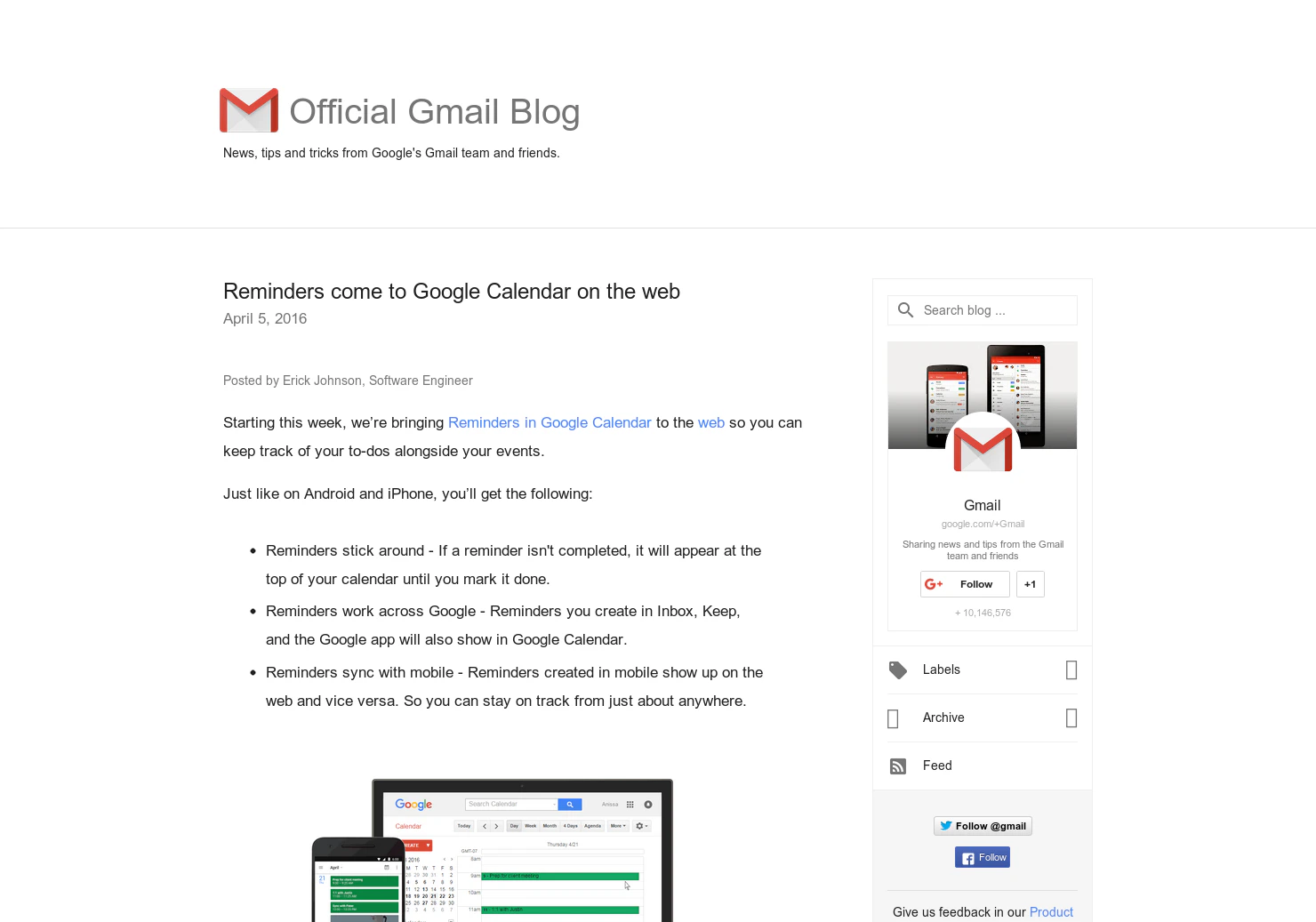 Reminders come to Google Calendar on the web
