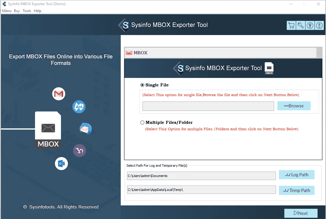 Pengeksport SYSINFO MBOX media 1