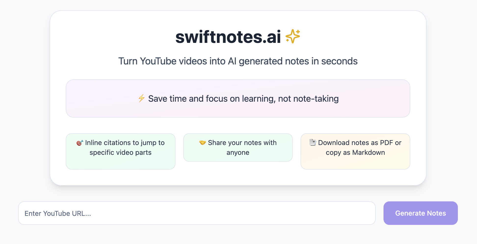 startuptile swiftnotes.ai-Turn YouTube videos into AI-generated notes in seconds