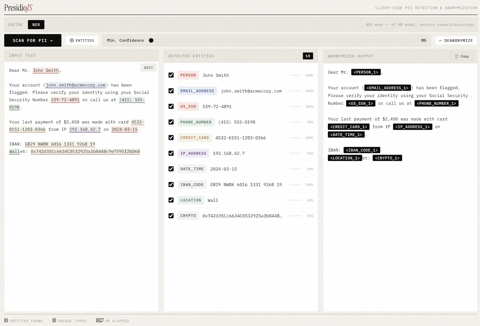 Presidio JS — Client-Side PII Scanner screenshot 1