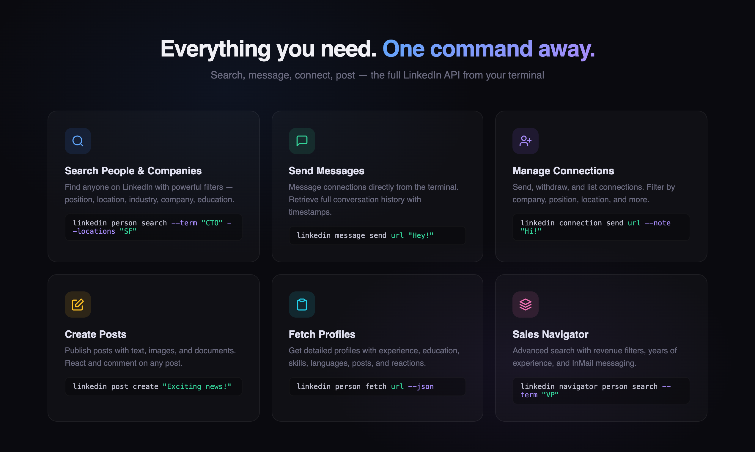 LinkedIn CLI - Screenshot 2 showing product features and functionality