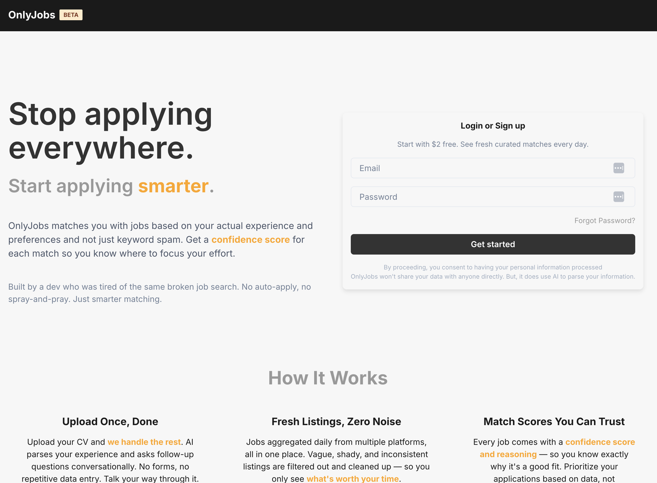 OnlyJobs [BETA] - Main product screenshot demonstrating key features and user interface