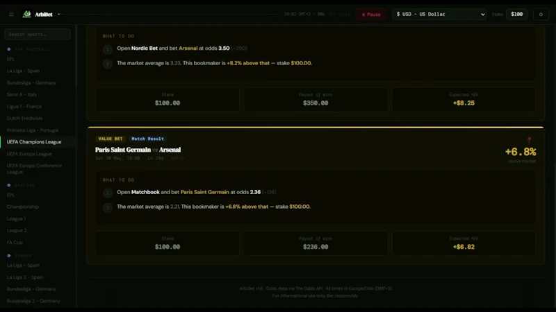 ArbiBet — Find Guaranteed Arbitrage Bets screenshot 1 (video preview)