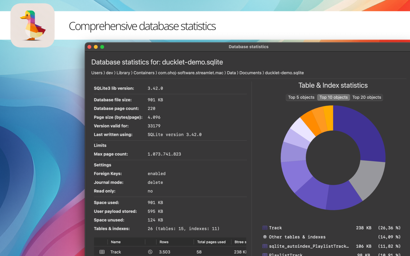 Mídia 2 de Ducklet para Sqlite - O rápido e nativo editor de banco de dados SQLite para macOS.