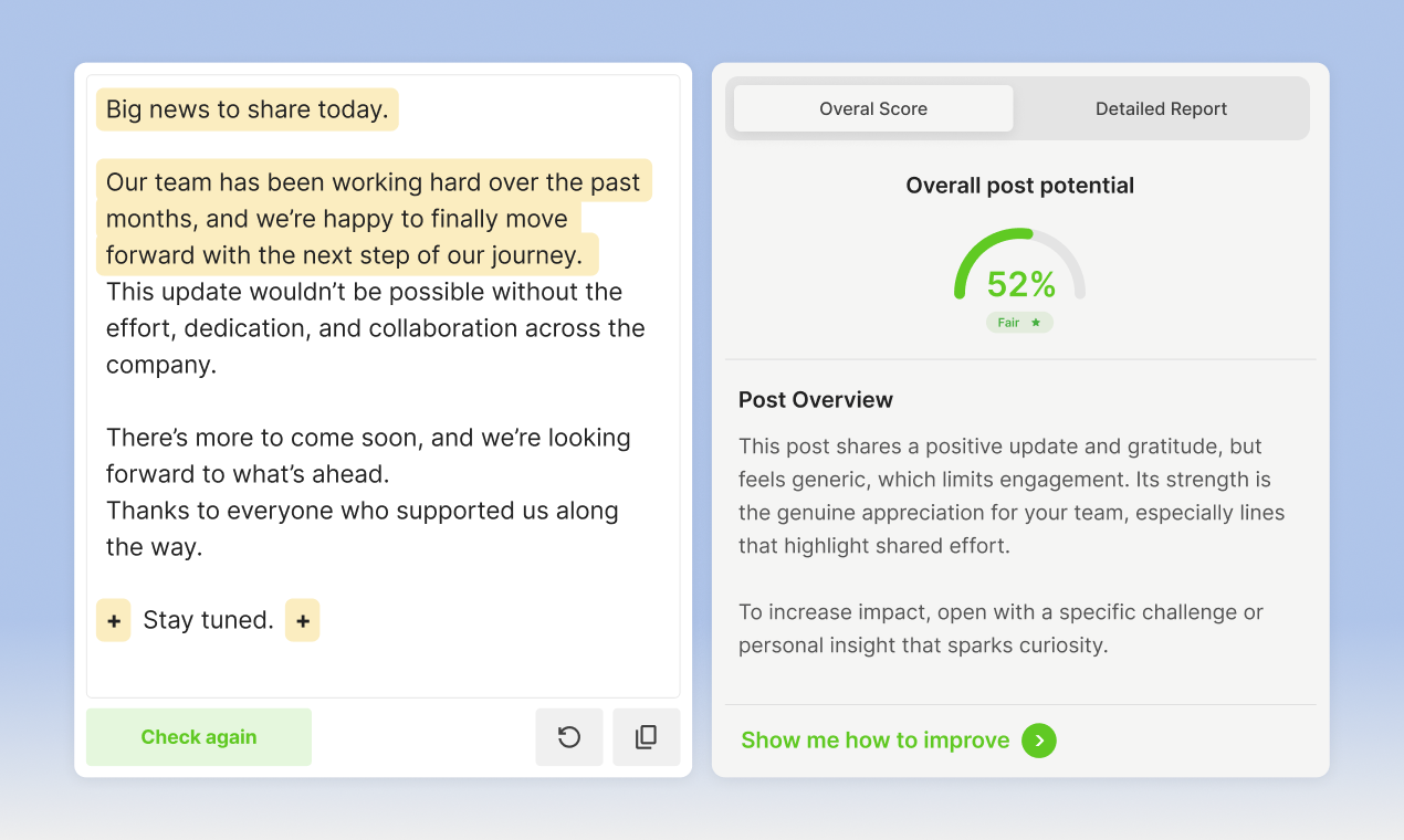 LinkedIn Post Quality Analyzer - Screenshot 2 showing product features and functionality