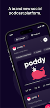 Uma pessoa usando o aplicativo Poddy em seu smartphone, explorando diferentes opções de podcast.