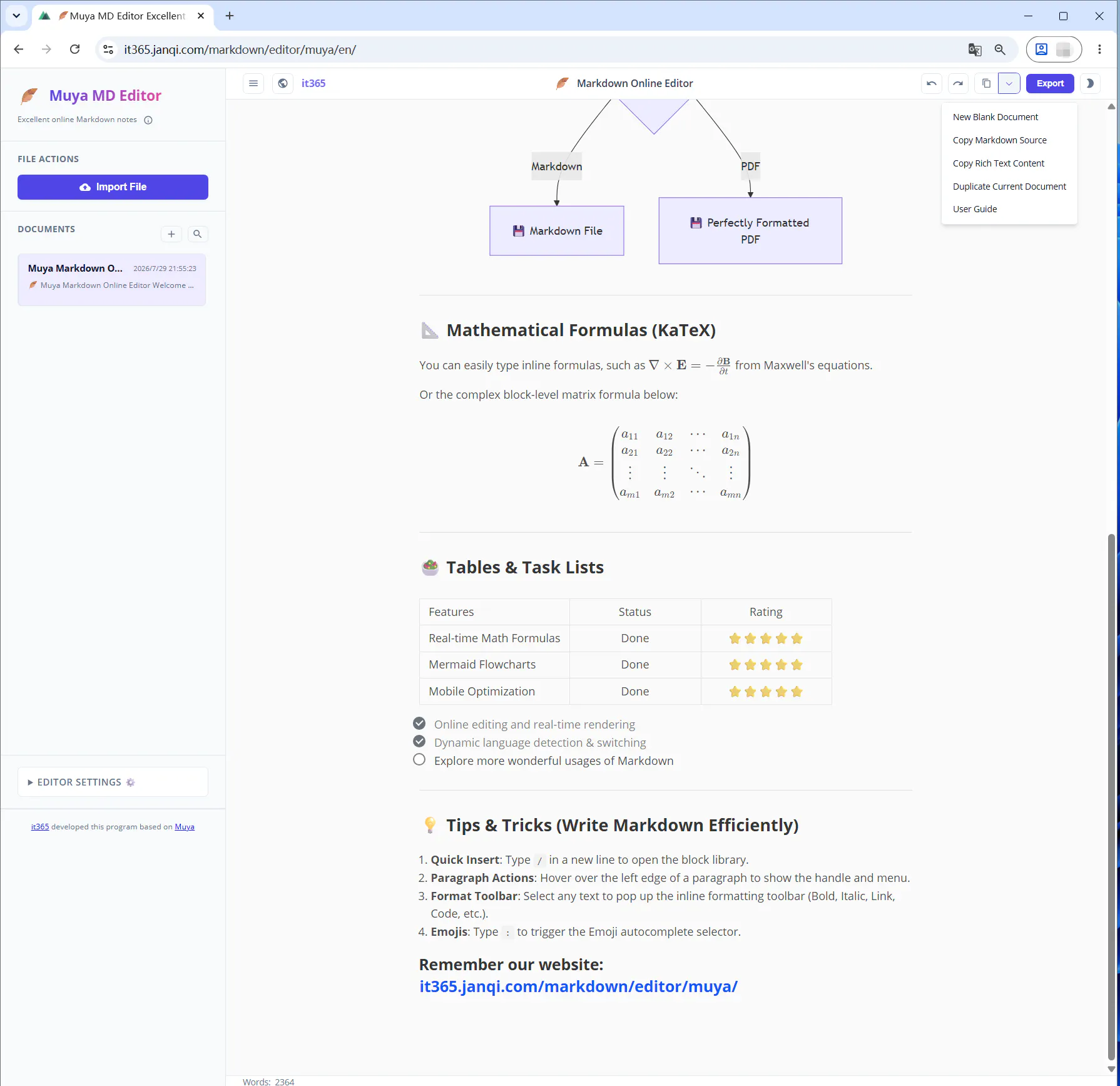 WYSIWYG Markdown editor, MD to image/PDF screenshot